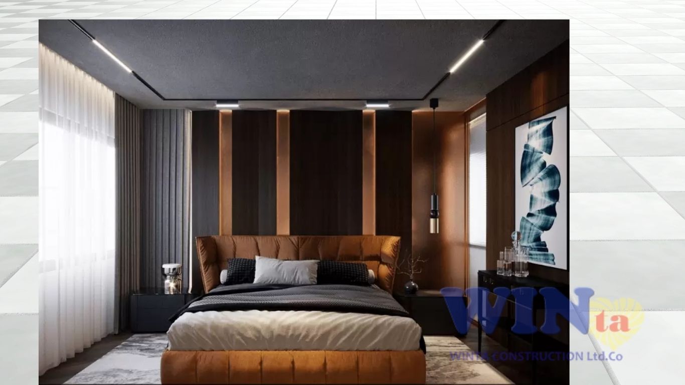 Nội thất phòng ngủ đẹp hiện đại với tủ âm tường và bàn trang điểm tinh giản