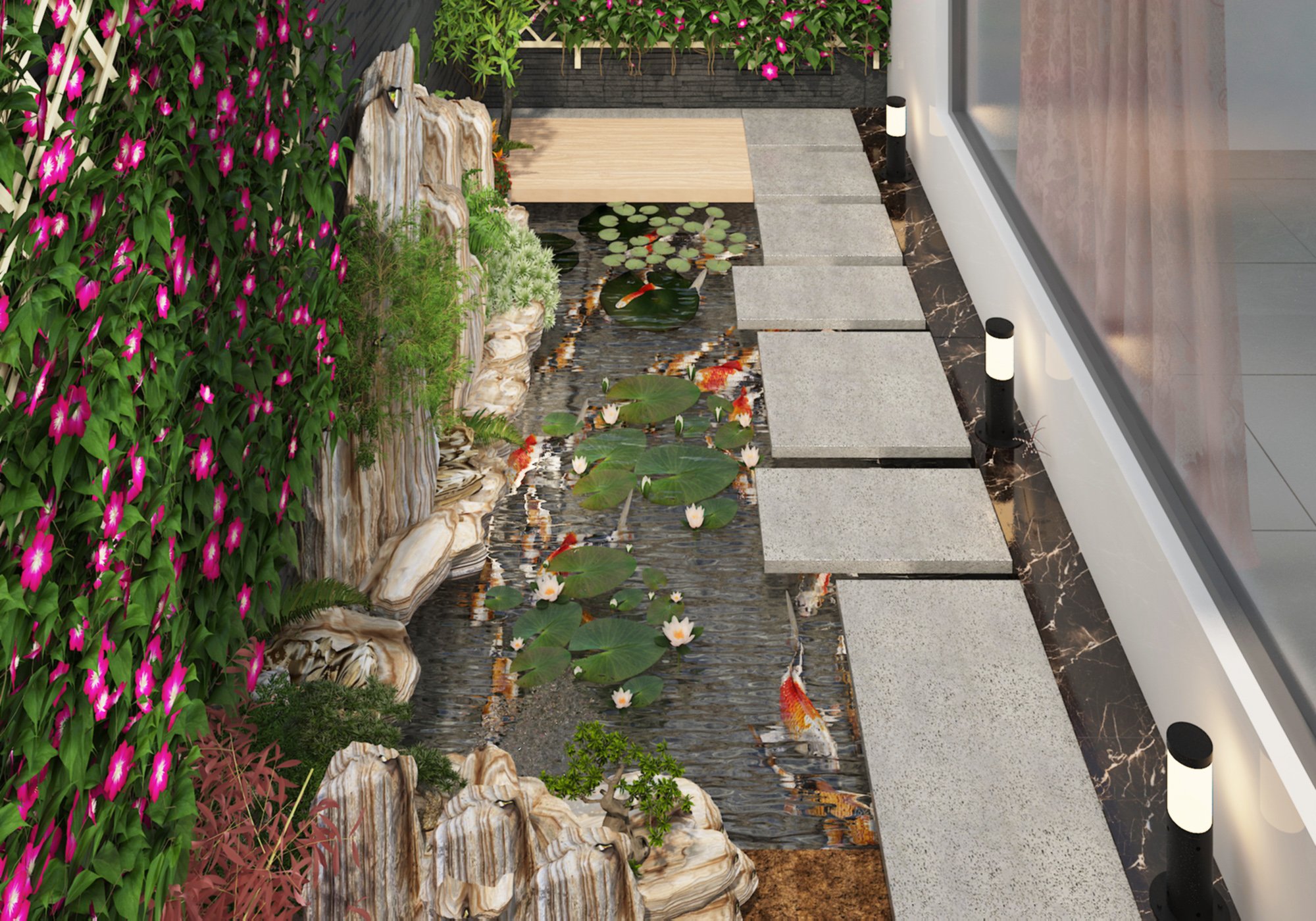 thiết kế phần hồ cá xinh xắn sau nhà